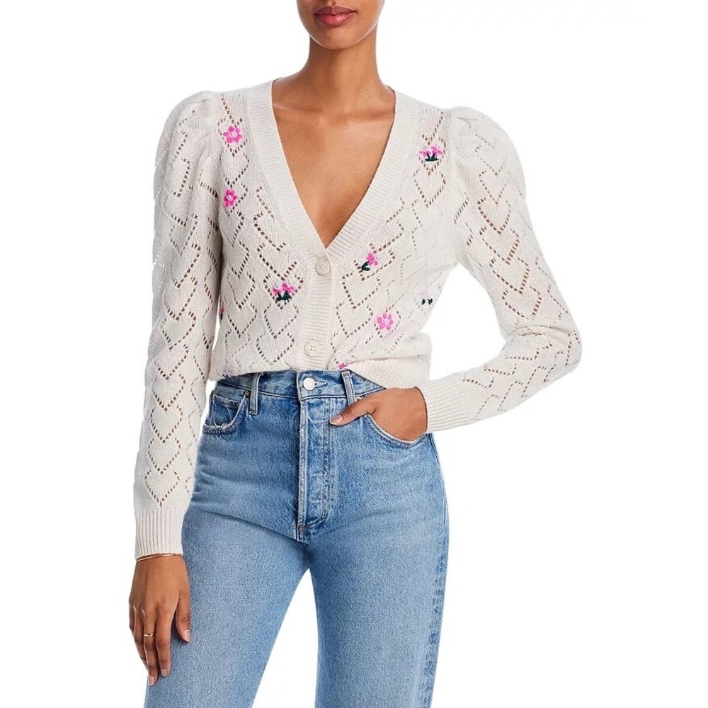 Aqua Cashmere Floral Embroidered Pointelle Heart Cardigan Cream Ivory Medium